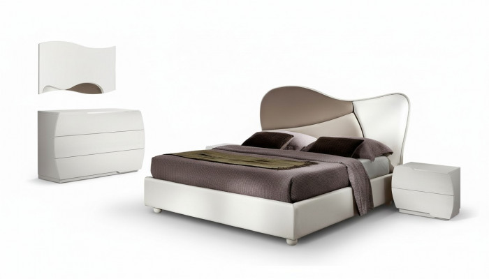 Schlofkummer Bett Nuetsdësch Kommoud Spigel Garnitur Wäiss Modern Luxus Set 5tlg