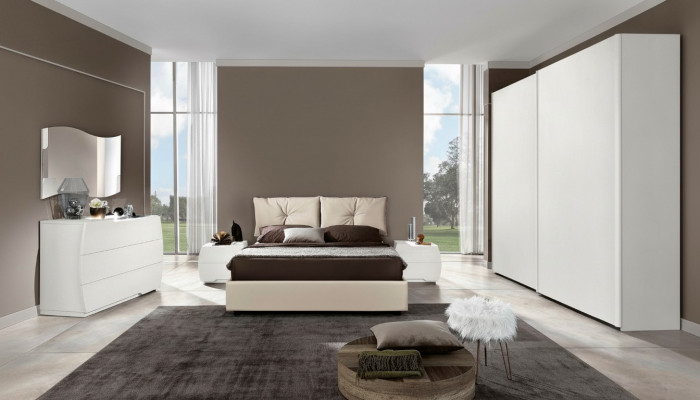 Luxus Set 6-Stéck Schlofzëmmer Bett Nopersdësch Kommode Spigel Kleederschaf Holz