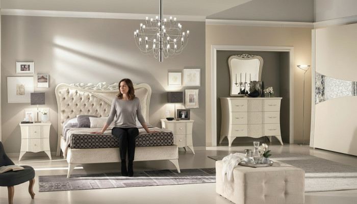 Schlofkummer Bett Nuetsdësch Konsole Kleederschaf Modern Holz Luxus Set 6 Deeler.