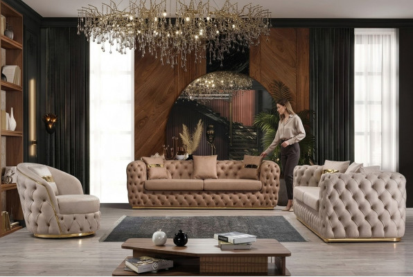 Chesterfield Sofa Garnitur 3+3+1+1 Sëtzer Garnitur Sofa Fauteuil Sofasen Lieder Beige