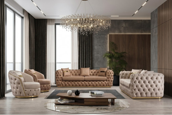 Chesterfield Sofa Garnitur 3+3+1+1 Sëtzer Garnitur Sofa Fauteuil Sofasen Lieder Beige