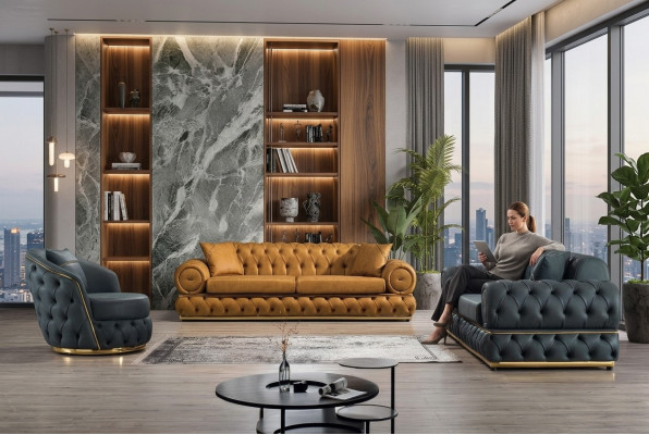 Luxus Chesterfield Sofagarnitur 3+3+1 Sëtzer Garnitur Sofa Fauteuil Sofas Lieder
