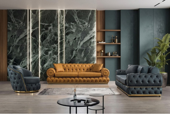 Luxus Chesterfield Sofagarnitur 3+3+1 Sëtzer Garnitur Sofa Fauteuil Sofas Lieder