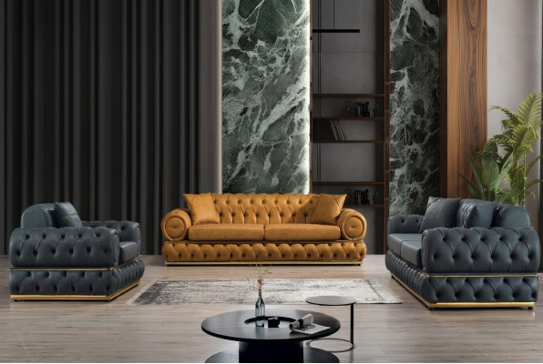 Soffagarnitur 3+3+1 Sëtzer Garnitur Soffa Fautteuil Soffaen Lieder Luxus Chesterfield