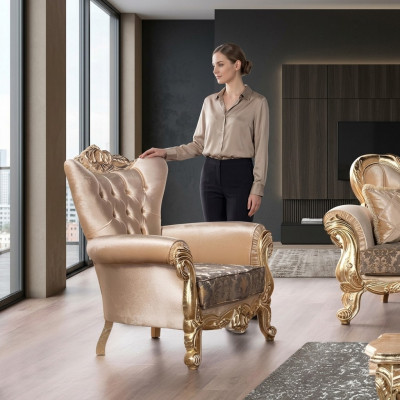 Fautteuil Sëtz Sëtzer Design Wunnzëmmer Polster Neie Stil Barock Rokoko Luxus Beige