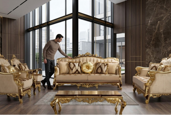 Drësëtzer Canapé 3 Sëtzer Barock Rokoko Couch Luxus Canapéen Stoff Textil Design