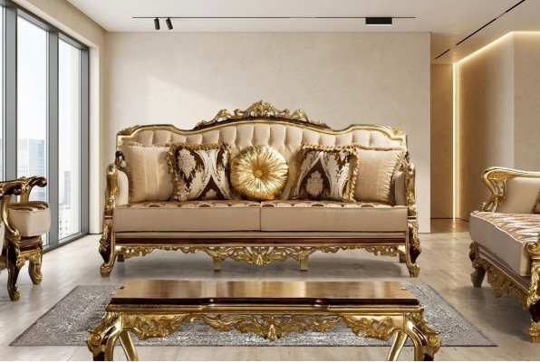 Drësëtzer Canapé 3 Sëtzer Barock Rokoko Couch Luxus Canapéen Stoff Textil Design