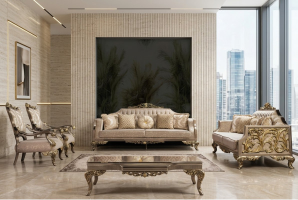 Sofagarnitur 3+3+1+1 Sëtzer Canapé Dësch Sofa Sofaen Fotell Stoff 225 cm Set 5tlg