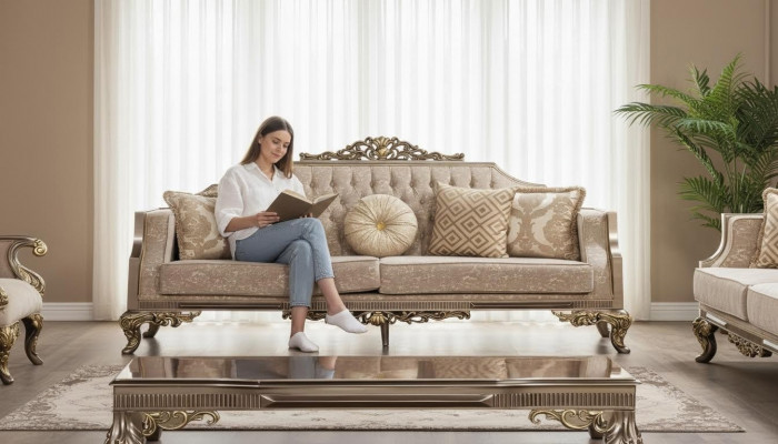 Dräisëtzer Sofa 3 Sëtzer Sofa Sofas Stoff Barock Rokoko Canapé Design Wunnzëmmer