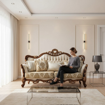 Sofa 3 Sëtzer Barock Rokoko Stoff Dräisëtzer Sofas Luxus Wunnzëmmer Barock Stil