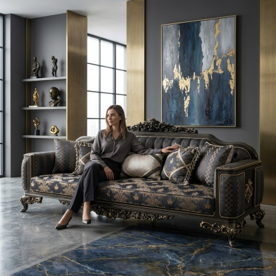 Sofa 3 Sëtzer Miwwelen Stoff Dräisëtzer Sofas Luxus Wunnzëmmer Barock Stil 3er Nei