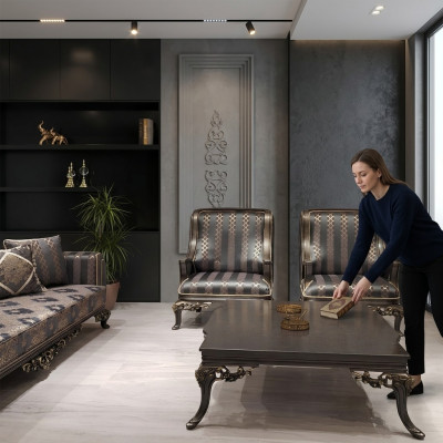 Ohrensessel Sëtz Design Polstersofa Canapé Stoff Barock Wunnzëmmer Blo