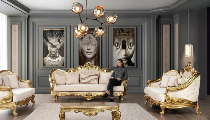 Luxus Sofagarnitur 3+3 Sëtzer Sesselen Sofa Set Stoff Barock Sëtz Grupp Garnitur