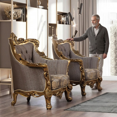 Eeen luxuriéise klassesche Oueresessel a donkelgréng mat gëllenen Barockdesign vu Chesterfield