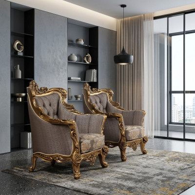 Eeen luxuriéise klassesche Oueresessel a donkelgréng mat gëllenen Barockdesign vu Chesterfield