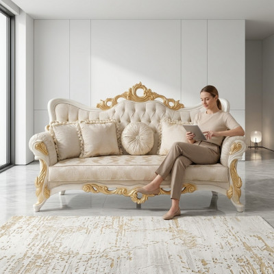 Dreiplazssofa 3 Sëtzer Barock Rokoko Sofa Sofae Couch Stoff Stil Barock Sëtz