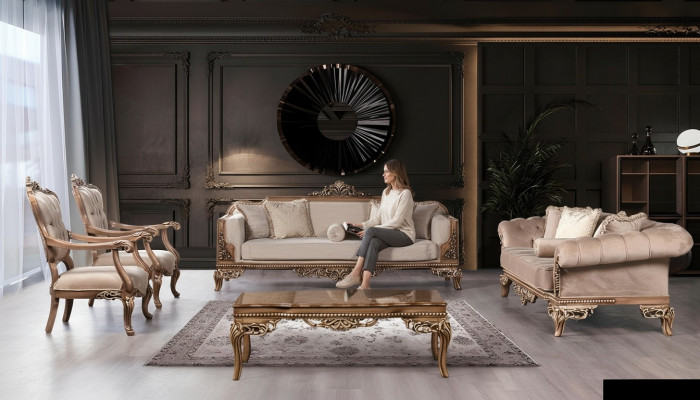 Canapé-Set 3+3+1+1 Sëtz Dësch Chesterfield Sofa Fotell Luxus Set 5 Deeler