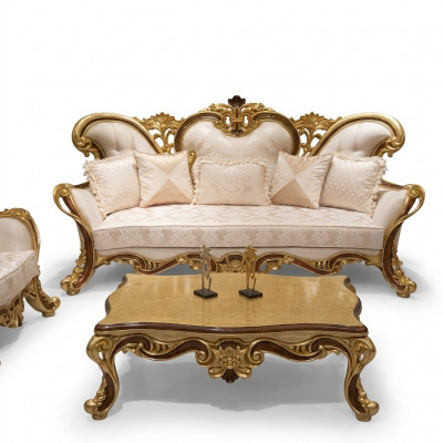 Luxus Dräisëtzer Sofa 3 Sëtzer Sofa Sofasen Fotell Stoff Stil Barock Rokoko 240cm