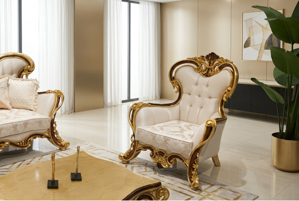 Luxuriéise klassesche Oueressessel am wäiss-gëllene Barockdesign