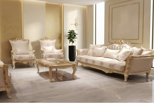 Sofagarnitur 3+1+1 Sëtzer Couchtisch Sofa Fauteuil Sofas Garnitur Set Gold Stil