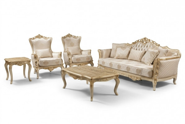 Sofagarnitur 3+1+1 Sëtzer Couchtisch Sofa Fauteuil Sofas Garnitur Set Gold Stil