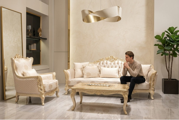 Klasseschen Dréisëtzeger Sofa 3 Sëtz Sofen Couch Stoff Stil Barock Miwwelen Rokoko