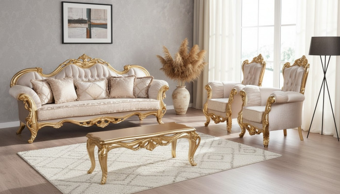 Sofa Set 3+1+1 Sëtzer Sofa Fotell Sofassen Set Grupp Stoff Barock.