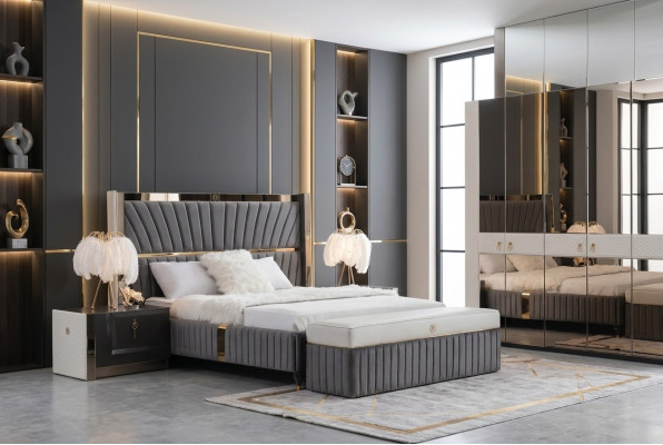 Luxus Bett 180x200cm mat Holz Kappdeel an 2 Nuetsdëscher Italienesch Miwwelen Nei
