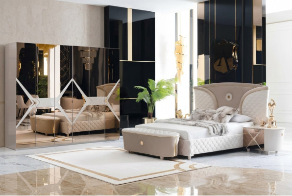 Bett, Nuetsdësch, Kleederschaf, 6-teilagt Schlofzëmmer-Set, Design, Luxus, Hocker, Modern.