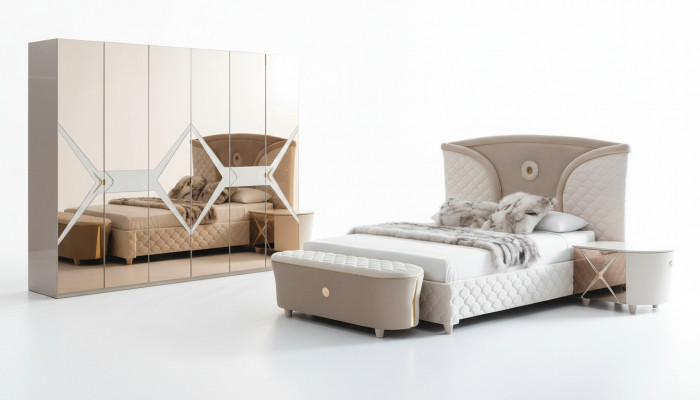 Bett, Nuetsdësch, Kleederschaf, 6-teilagt Schlofzëmmer-Set, Design, Luxus, Hocker, Modern.