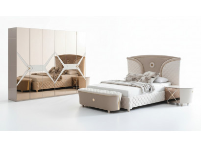 Bett, Nuetsdësch, Kleederschaf, 6-teilagt Schlofzëmmer-Set, Design, Luxus, Hocker, Modern.