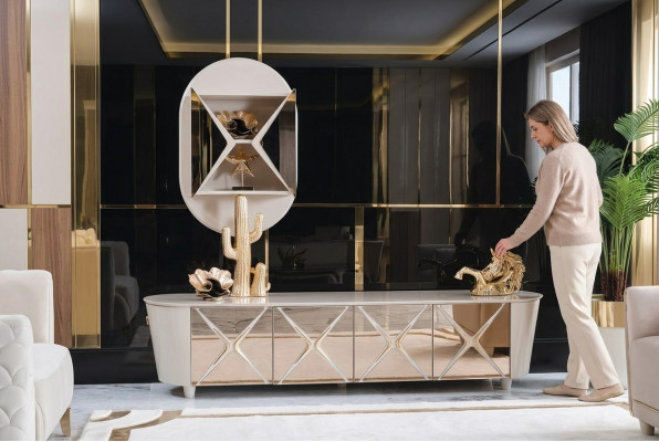 Wunnzëmmer Kommoden Holz Low Board Regal Gold Nei 2-tlg Sideboard Regaler Kommode