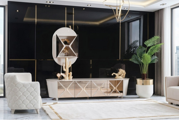 Wunnzëmmer Kommoden Holz Low Board Regal Gold Nei 2-tlg Sideboard Regaler Kommode