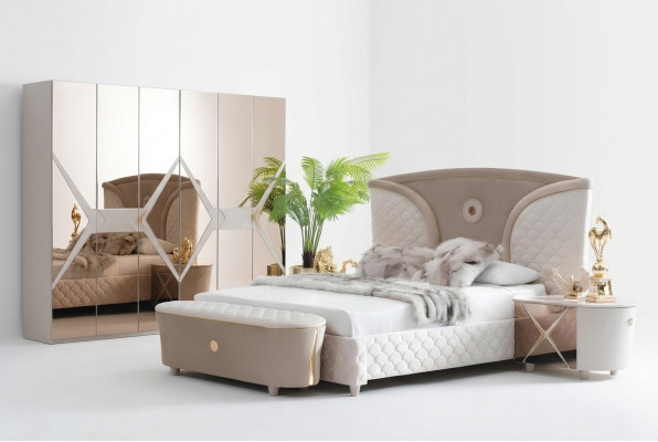 Duebelbetter Modern Bettgestell Better Set 3-deelech. Schlofzëmmer Bett Nuetsdësch