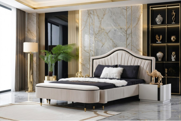 Set 3tlg. Schlofkummer Garnitur Bett 2x Nuetsdësch Stil Italienesch Miwwelen Nei