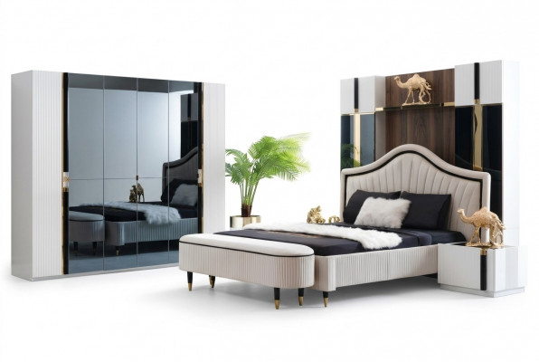 Set 3tlg. Schlofkummer Garnitur Bett 2x Nuetsdësch Stil Italienesch Miwwelen Nei