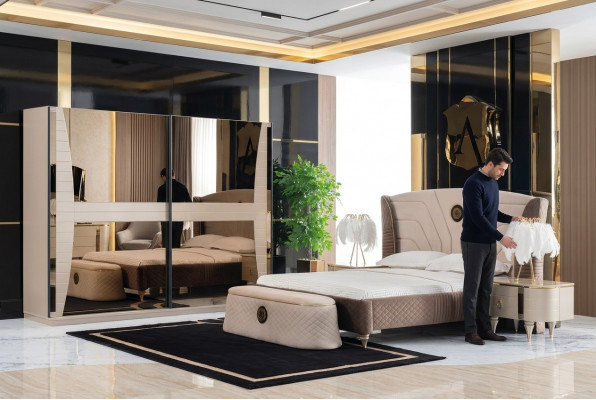 Luxus Set Schlofzëmmer Bett Nuetsdësch Kommode Hocker Grupp Garnitur Nei 5 Stéck.