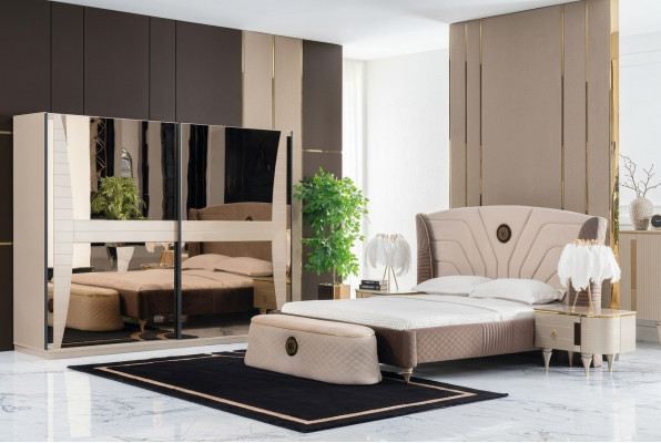 Luxus Set Schlofzëmmer Bett Nuetsdësch Kommode Hocker Grupp Garnitur Nei 5 Stéck.