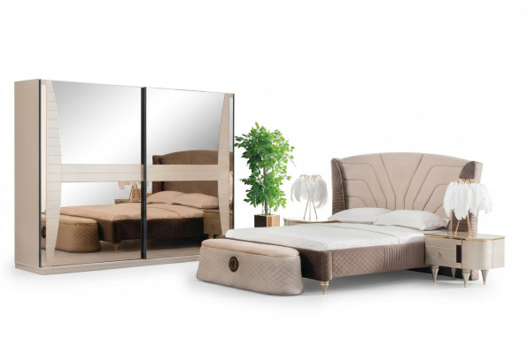 Luxus Set Schlofzëmmer Bett Nuetsdësch Kommode Hocker Grupp Garnitur Nei 5 Stéck.
