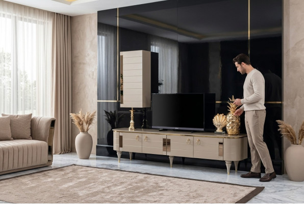 Säitbriet Schief Mauer Modern tv Holz Garnitur Set Miwwelen Wunnwand Vitrin rtv