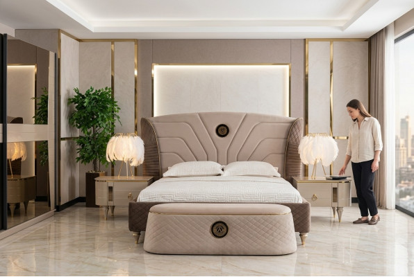 Bett Duebelbett Hotel Bettkummer Duebel Holz Miwwelen Bett Polster Luxusdëschign