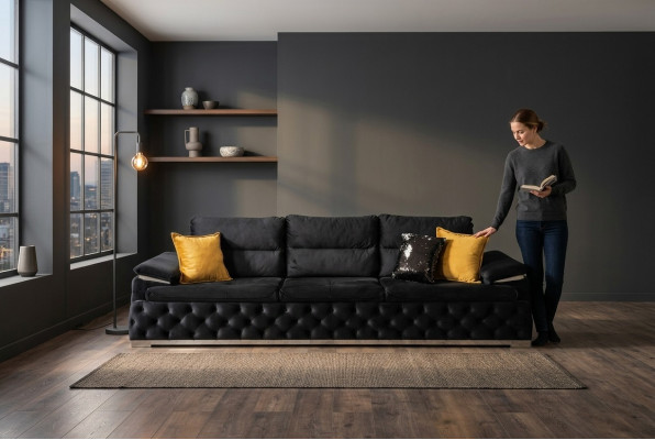 Dreiplazs Couch Design Sofa Modern 4er Sëtz Sofas Zëmmer Miwwelen Schwaarz Polster