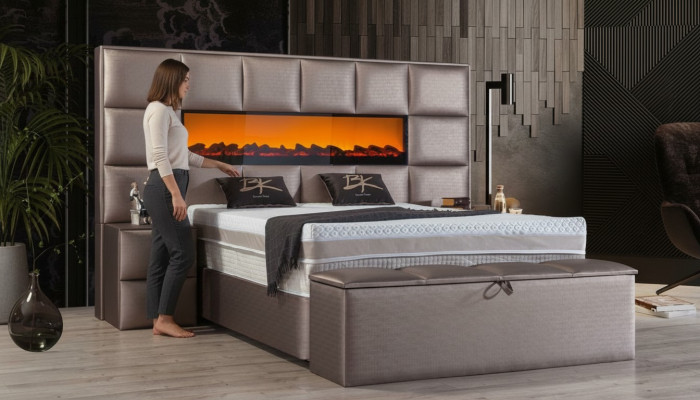 Elegant modern Duebelbett mat geräimegem gepolstertem Kappdeel