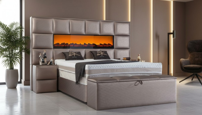 Elegant modern Duebelbett mat geräimegem gepolstertem Kappdeel