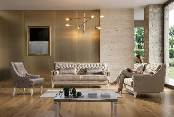 Beige Chesterfield Canapé-Suite 4+3 Sëtzer Stilvollen Sëtz Design Set