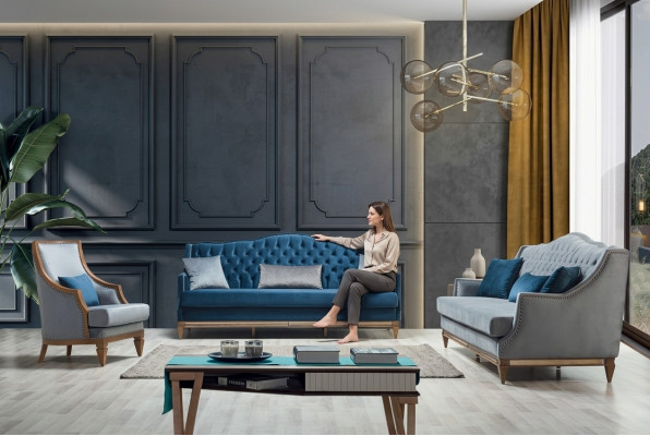 Modern Blo Chesterfield Sofa Garnitur Designer Dräisëtzer Luxus Sëtzleeschel