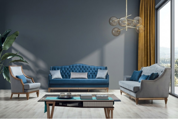 Modern Blo Chesterfield Sofa Garnitur Designer Dräisëtzer Luxus Sëtzleeschel