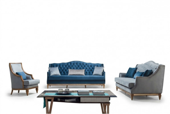 Modern Blo Chesterfield Sofa Garnitur Designer Dräisëtzer Luxus Sëtzleeschel