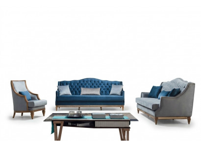 Modern Blo Chesterfield Sofa Garnitur Designer Dräisëtzer Luxus Sëtzleeschel