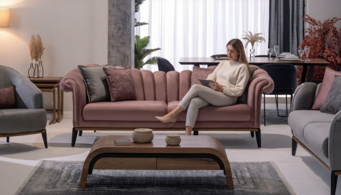 Italienesch Stil 2-Sëtzer Wunnzëmmer Canapé Sofa Polster Sëtz Textil Rosa Nei